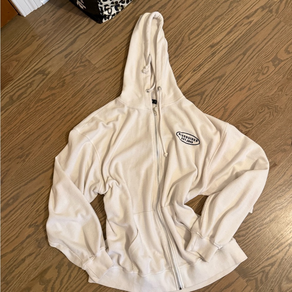 Misguided White Waffle Knot Zip-Up Hoodie with Logo